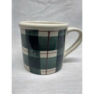 Green Plaid Tartan Coffee Mug Ceramic Red Stripe Rustic Cottagecore